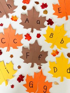 fall leaves and letters are arranged on the table for an autumn themed letter recognition activity