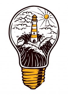 a light bulb with a lighthouse inside it and waves in the water around it,