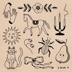 an image of various animals and things in black ink on beige paper with candlelight candles