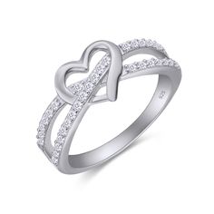 an open heart shaped ring with diamonds on the sides and two hearts in the middle