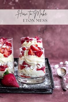 two glasses filled with strawberries and whipped cream