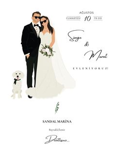 a wedding card with an illustration of a bride and groom in formal attire standing next to their dog