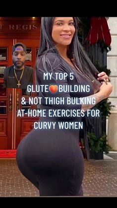 a pregnant woman standing in front of a building with the caption, my top 5 glute building & not thigh building at home exercises for curvy women