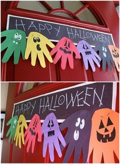 halloween handprinted signs are hanging on the front door