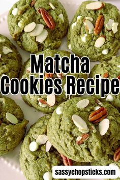 matcha cookies with pecans are on a white plate