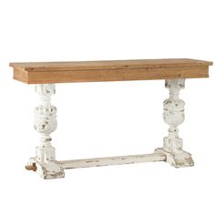 an old wooden bench with white paint and wood trimmings on the legs, against a white background