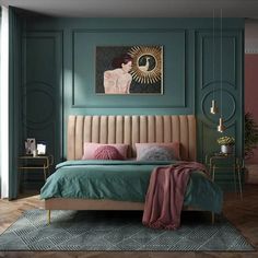 a bedroom with teal walls and gold accents