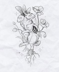 a drawing of a rabbit with flowers on it's back and roots in its stomach