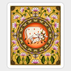 an artistic painting with cows and flowers in the center, on yellow paper art print