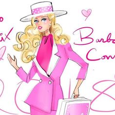 a drawing of a woman in pink holding a shopping bag and wearing a hat with her hands on her hips