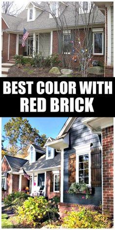 two different houses with red brick siding and white trim on the front, one in black and