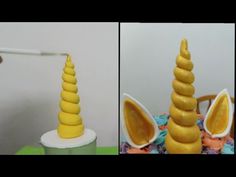 two pictures one is yellow and the other has a fake unicorn's horn on it