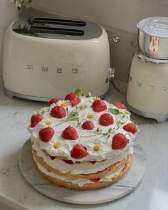 a cake sitting on top of a counter next to a toaster and blender