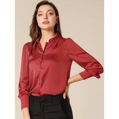 Pair perfectly with your favorite skirts or jeans for a chic look. This satin shirt is a throw-on piece. Wearing this, you can create your stunning chic look effortlessly, and you can be subtly elegant for work now and flirtatiously playful the next. Add this versatile piece to your everyday wardrobe. It can be dressed up or down. The relaxed fit enhances the laid-back look with a bit of glamour. Red Collared Solid Color Shirt, Red Solid Color Collared Shirt, Solid Shirt With Back Button Closure For Fall, Shirt With Back Button Closure For Fall, Fall Office Lady Shirt With Button Closure, Red Office Shirt For Fall, Red Shirt For Office Wear In Fall, Red Shirt For Office In Fall, Solid Office Lady Tops With Button Closure