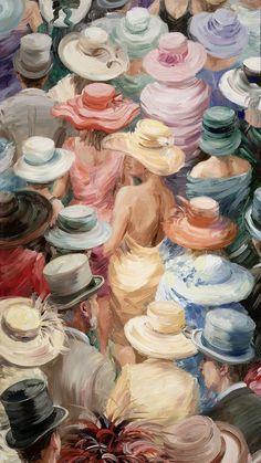 an oil painting of many different colored hats