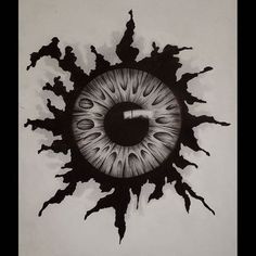 a drawing of an eyeball in the center of a circle with black splots