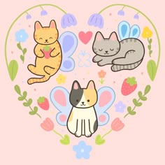 three cats sitting in the shape of a heart with flowers and hearts around them on a pink background