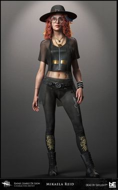 a woman with red hair and glasses is dressed in black leather pants, a cropped t - shirt, and a hat