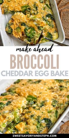 broccoli cheddar egg bake is shown in two different photos and the same one has cheese on top