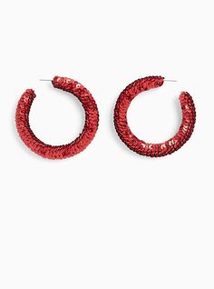 A pair of oversized hoop earrings are decorated with red sequins that create a bold statement. Post backs. Man-made materials. Imported. The best plus size women's red sequin hoop earrings in red. Torrid is your destination for cozy fall and winter clothes to keep you warm and comfortable. Trendy Christmas Party Jewelry, Red Small Hoop Earrings For Party, Small Red Hoop Earrings For Party, Trendy Hoop Earrings For Party, Trendy Red Hoop Earrings, Glamorous Small Hoop Earrings For Party, Trendy Red Jewelry For Evening, Red Glitter Earrings For Party, Chic Small Hoop Earrings For Party