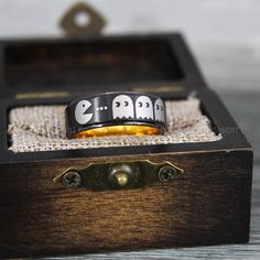 Pacman Ring, Pacman Jewelry, Retro Gamer Ring, Gamer Ring, Pac Man Jewelry, Sega Ring, Nintendo Ring, Black Tungsten Ring, Black Wedding Bands Gaming Jewelry, Perler Pacman, Crochet Pacman Ghost, Pacman Earrings, Video Game Jewelry, Sun And Moon Rings, Vogue Jewelry, Damascus Steel Ring, Couples Ring Set