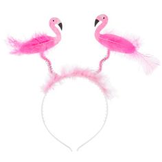 pink flamingo headbands with feathers on top and two tails in the middle