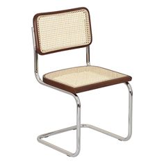 a brown and white chair with a metal frame on the back, in front of a white background