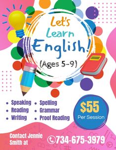 a flyer for an english language class with colorful circles and pencils on the front