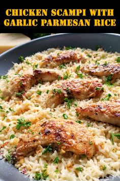 chicken scampi with garlic parmesan rice in a blue bowl on a table