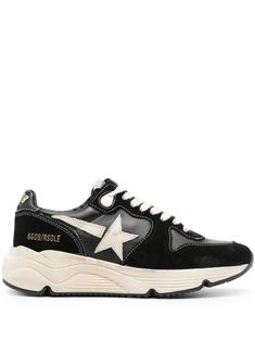 calf leather panelled design panelled design gold-tone logo lettering star patch detail logo patch at the tongue front lace-up fastening round toe chunky rubber sole Golden Goose Running Sole, Designer Sneaker, Sole Sneakers, Golden Goose Deluxe Brand, Goat Leather, Designer Sneakers, Golden Goose, Running Women, Sneakers Black