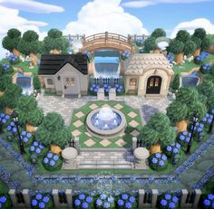 an artist's rendering of a garden with a fountain and blue flowers in the foreground