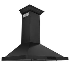 a black stove top oven with an exhaust hood on the front and back sides, against a white background