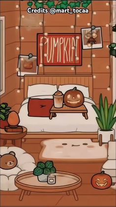 a bedroom scene with a bed, coffee table and potted plant