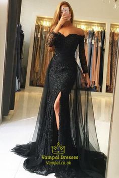 Black Off The Shoulder Sheer Lace Long Sleeve Mermaid Evening Dress Gray Formal Dress, Formal Prom Dresses Long, Long Sleeve Prom, Black Prom, Lace Mermaid, Black Tulle, Prom Dresses With Sleeves, Prom Dresses Long With Sleeves, Tulle Prom Dress