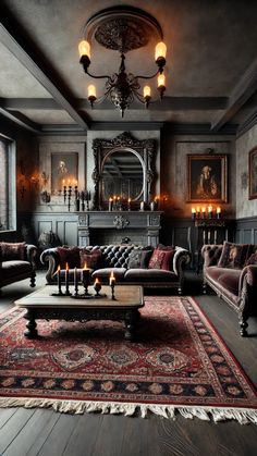 a living room with couches, chairs and a rug on the floor in front of a fireplace