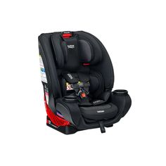 the child's car seat is black and has red trimmings on it