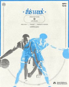 the front cover of this week's basketball program, featuring two men in blue uniforms