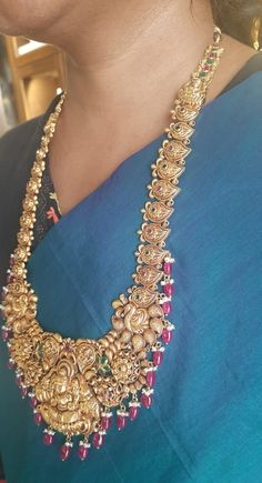 22 karat gold "lakshmi - mango" long necklace with cz, color stones, pearls & beads (temple jewellery) - 235-GN5519 - in 91.750 Grams for USD $8,574.83 USD. 
Made in India by Totaram Jewelers Online this product is in Gold - 22 Karat BIS Hallmark 916 Gold  & is an excellent gift for Adult - Women. Ships fully insured with secured guaranteed delivery for free with your order over $250 from New Jersey USA & comes with 30 days exchange policy. Festive Gold Beaded Temple Necklace, Gold Long Beaded Necklace Temple Jewelry, Festive Gold-plated Temple Necklace With Stone Work, Ceremonial 22k Gold Temple Necklace With Gemstones, Gold Beaded Long Temple Necklace, 22k Gold Jewelry, Color Stones, Gold Jewelry Indian, Temple Jewellery