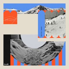 an abstract collage with people skiing and snowboarding in the background, including mountains