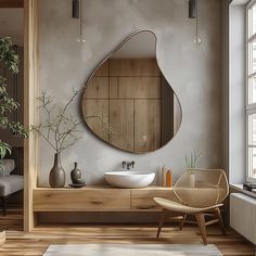 a bathroom with a large mirror on the wall next to a white sink and wooden cabinet