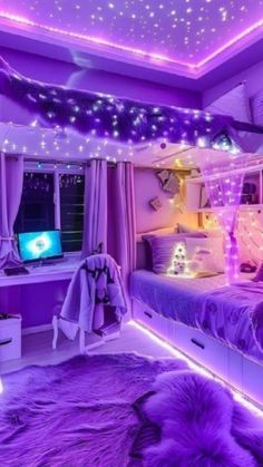 a bedroom with purple lights and fur rugs