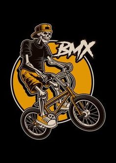 a skeleton riding a bike with the word bmx on it's back and an orange circle in the background