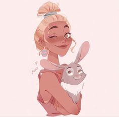 a drawing of a woman holding a rabbit in her arms and smiling at the camera