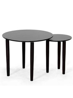 two round tables with black legs on each side, one has a glass top and the other is dark wood