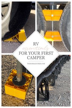 four different views of an rv camper with the words rv essentials for your first camper