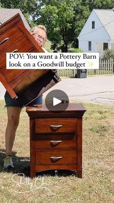 a woman standing next to a wooden box on top of a table with the words pov you want a pottery barn look on a goddwell budget