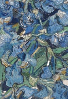 an abstract painting of blue flowers with green leaves