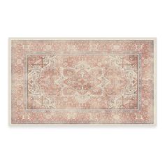 an orange and beige area rug on a white background with a blue border in the middle