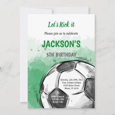 a soccer ball birthday party card with the words, let's kick it please join us to celebrate