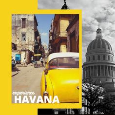 an old yellow car is parked in front of a building and the dome of a church